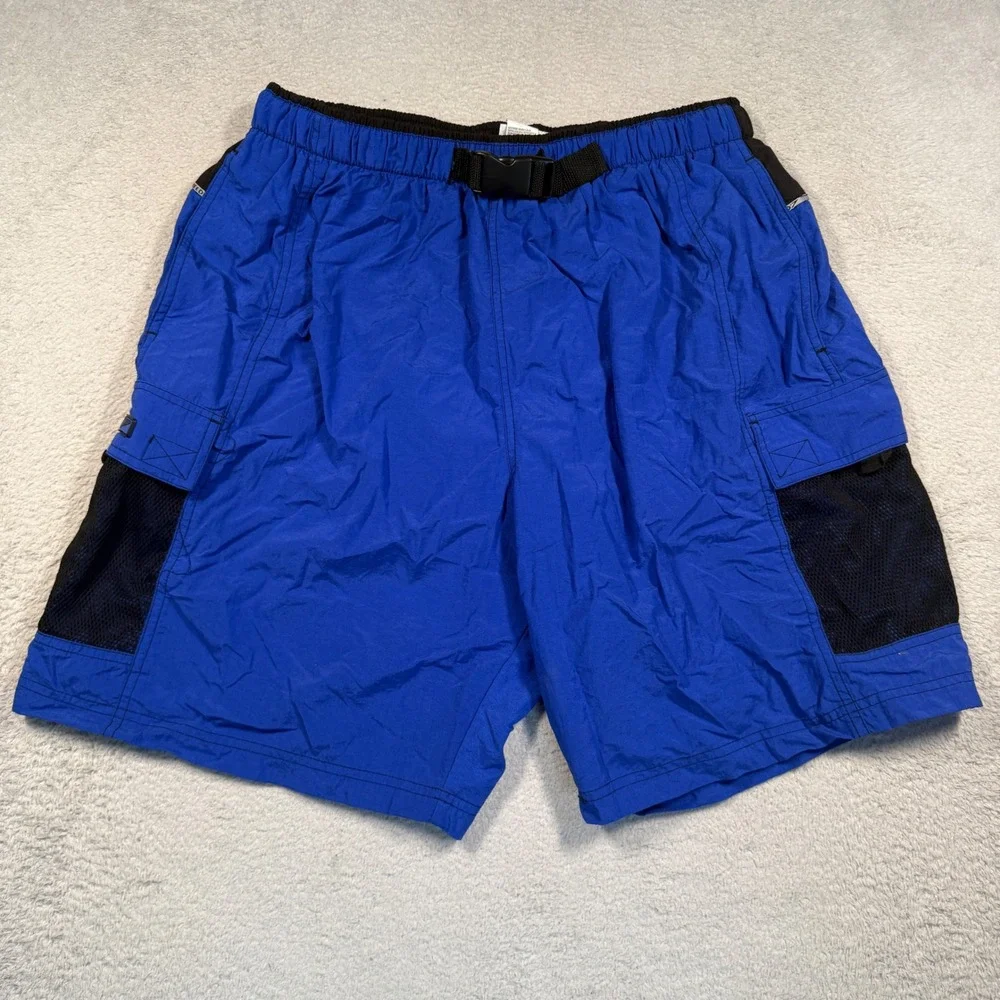 Vintage 90s Speedo Swim Trunks Mens XL Blue‎ Black Cargo Belted Cargo Shorts